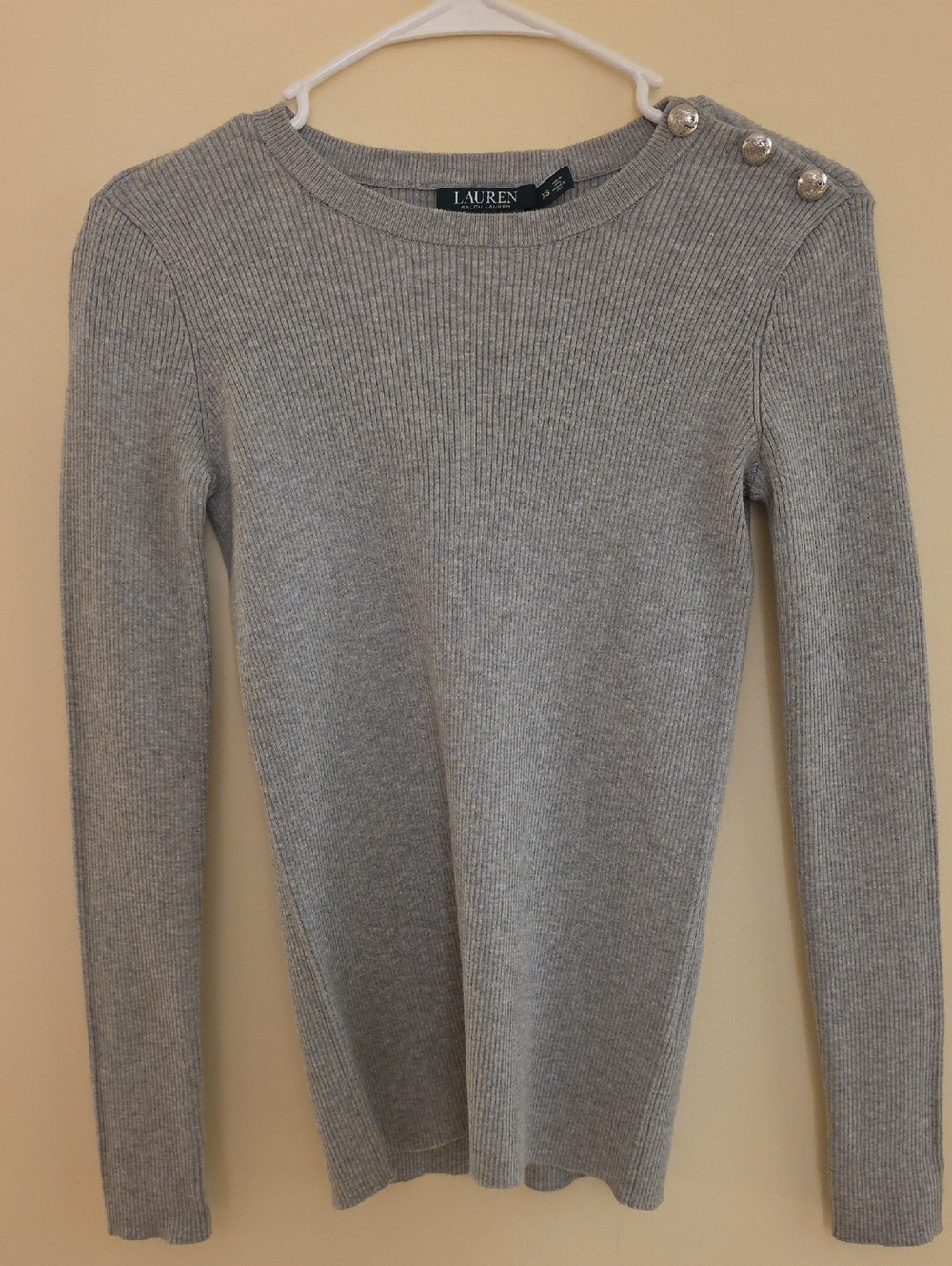 Lauren Ralph Lauren Light Gray Ribbed Crewneck Sweater with Shoulder Buttons